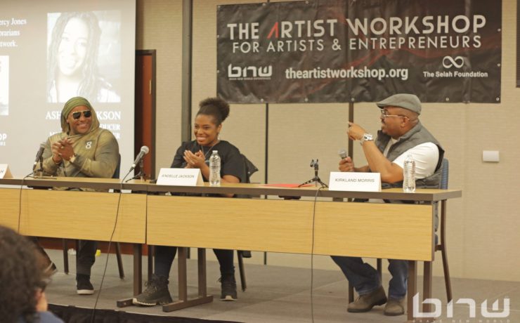 Panelists Shyan Selah, A'Noelle Jackson and Kirkland Morris share a laugh together at The Artist Workshop: The Actor