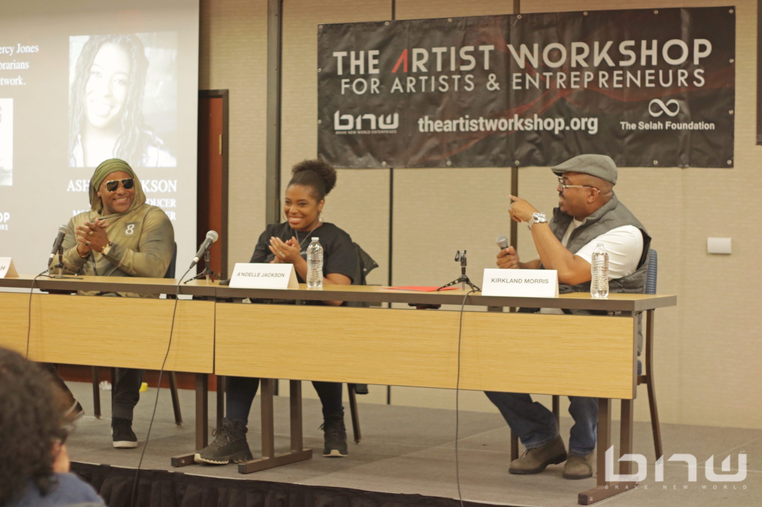 Panelists Shyan Selah, A'Noelle Jackson and Kirkland Morris share a laugh together at The Artist Workshop: The Actor