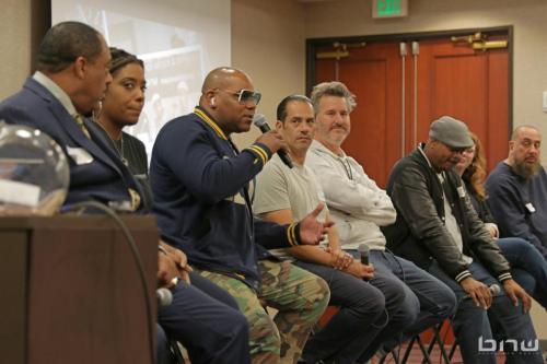 Panelist Shayn Selah speaks alongside Curtis Elerson, A'Noelle Jackson, Jon Silva, Charles Newman, Kirkland Morris, Harriet Duncan and Jon Stockton at The Artist Workshop: Career Day.