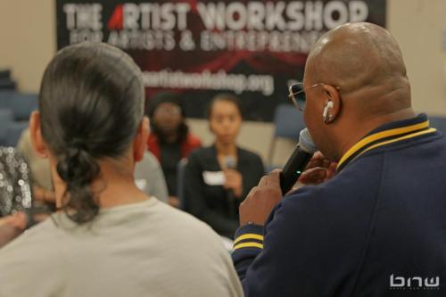 Panelist Shyan Selah speaks to workshop members at The Artist Workshop: Career Day.