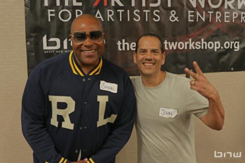 Panelists Shyan Selah and John Silva pose together at The Artist Workshop: Career Day