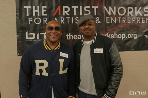 Panelists Shyan Selah and Kirkland Morris pose together at The Artist Workshop: Career Day