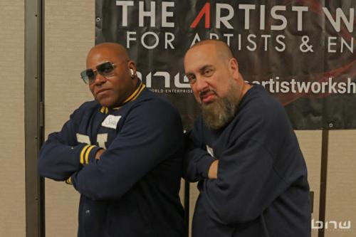 Panelists Shyan Selah and Jon Stockton pose together at The Artist Workshop: Career Day