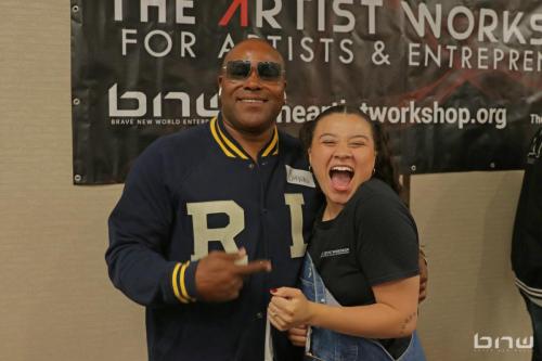 Workshop Founder Shyan Selah and Promotions Director Asia Selah laugh together at The Artist Workshop: Career Day