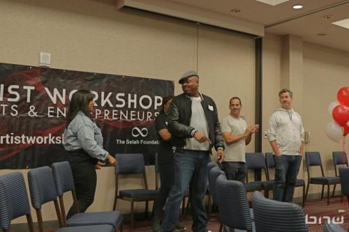 Event Producer Candice Richardson and panelists Kirkland Morris, John Silva and Charles Newman at The Artist Workshop: Career Day