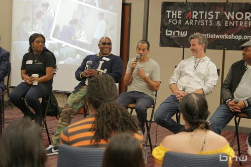 Panelist John Silva speaks alongside A'Noelle Jackson, Shyan Selah, Charles Newman and Kirkland Morris at The Artist Workshop: Career Day