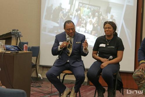 Panelist Curtis Elerson answers a question next to A'Noelle Jackson at The Artist Workshop: Career Day