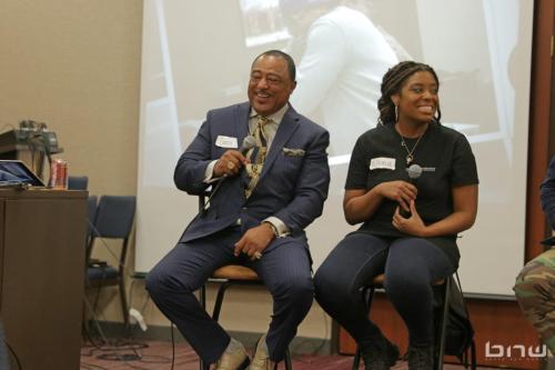 Panelist Curtis Elerson answers a question next to A'Noelle Jackson at The Artist Workshop: Career Day