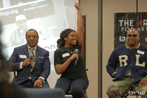 Panelist A'Noelle Jackson answers a question next to Curtis Elerson and Shyan Selah at The Artist Workshop: Career Day