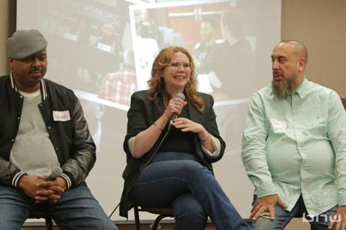 Panelist Harriet Duncan responds to a workshop member next to Kirkland Morris and Jon Stockton at The Artist Workshop: Career Day