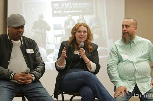 Panelist Harriet Duncan responds to a workshop member next to Kirkland Morris and Jon Stockton at The Artist Workshop: Career Day