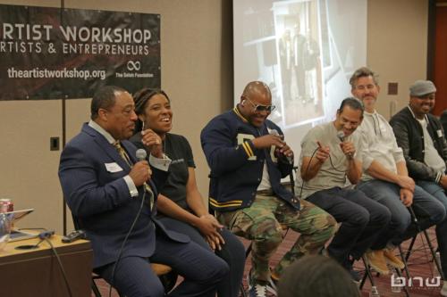 Panelist Curtis Elerson, A'Noelle Jackson, John Silva and Charles Newman and Kirkland Morris all laugh together at The Artist Workshop: Career Day