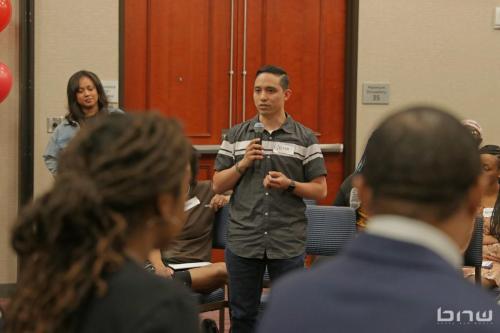 Workshop member Justin asks the panelists a question at The Artist Workshop: Career Day 