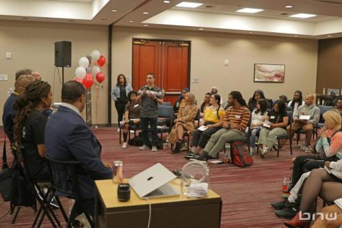 Workshop member Justin asks the panelists a question at The Artist Workshop: Career Day 