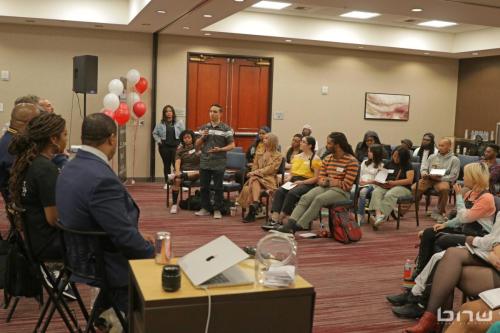 Workshop member Justin asks the panelists a question at The Artist Workshop: Career Day 