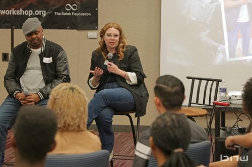 Panelist Harriet Duncan answers Justin questions at The Artist Workshop: Career Day