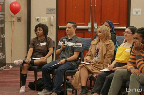 Workshop member Justin asks the panelists a question at The Artist Workshop: Career Day 