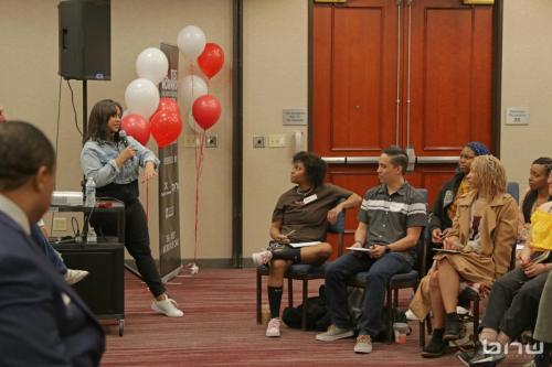 Event Producer Candice Richardson speaks to the workshop members at The Artist Workshop: Career Day 