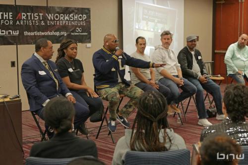 Panelist Shyan Selah speaks alongside Curtis Elerson, A'Noelle Jackson, John Silva, Charles Newman, Kirkland Morris, Harriet Duncan and Jon Stockton at The Artist Workshop: Career Day 