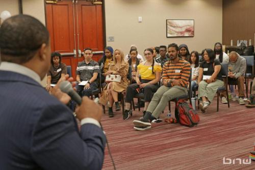 Workshop members listen to panelist Curtis Elerson at The Artist Workshop: Career Day