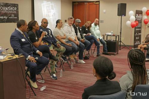 Panelist A'Noelle Jackson speaks alongside Curtis Elerson, Shyan Selah, John Silva, Charles Newman, Kirkland Morris, Harriet Duncan and Jon Stockton at The Artist Workshop: Career Day 