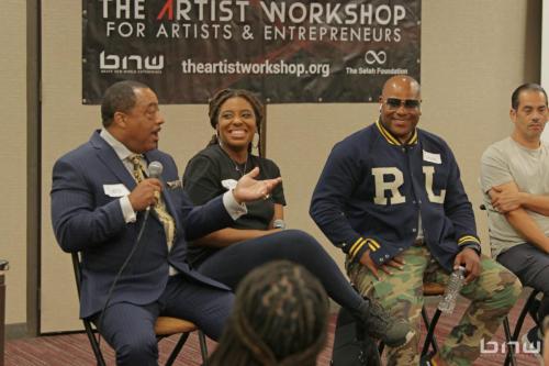 Panelist Curtis Elerson answers a question alongside A'Noelle Jackson, Shyan Selah and John Silva at The Artist Workshop: Career Day 