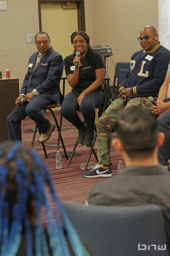 Panelist A'Noelle Jackson answers a question next to Curtis Elerson and Shyan Selah at The Artist Workshop: Career Day