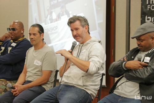 Panelist Charles Newman answer a question next to Shyan Selah, John Silva and Kirkland Morris at The Artist Workshop: Career Day