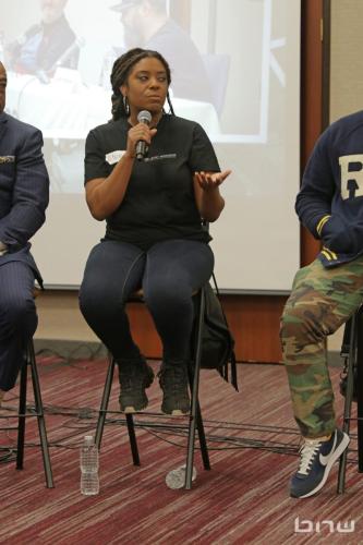 Panelist A'Noelle Jackson answers a question at The Artist Workshop: Career Day
