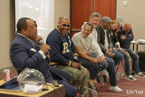 Panelist Curtis Elerson speaks alongside Shyan Selah, John Silva, Charles Newman, Kirkland Morris, Harriet Duncan and Jon Stockton at The Artist Workshop: Career Day 