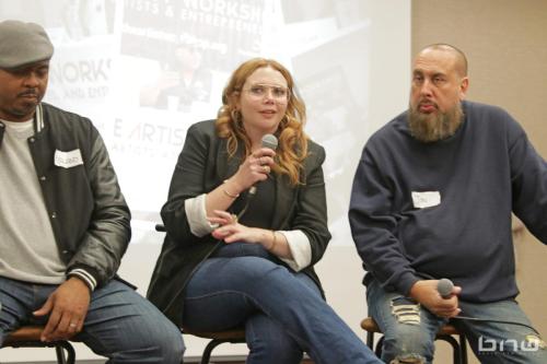 Panelist Harriet Duncan answers a question next to Kirkland Morris and Jon Stockton at The Artist Workshop: Career Day