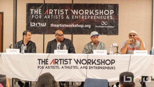 Duane DaRock Ramos speaks alongside John Silva, Shyan Selah, and Erik Willis at  the Artist Workshop: The Creative Process