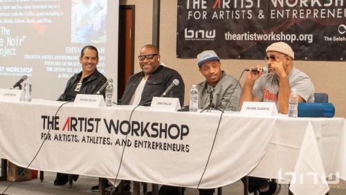 Duane DaRock Ramos speaks alongside John Silva, Shyan Selah, and Erik Willis at  the Artist Workshop: The Creative Process