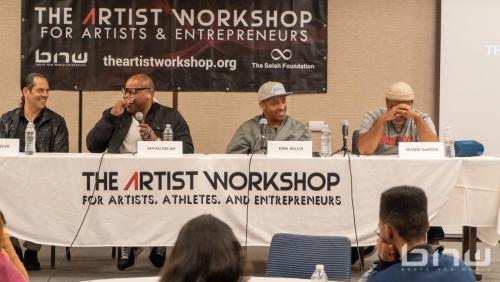 Shyan Selah laughs alongside Johns Silva, Erik Willis, and Duane DaRock Ramos at the Artist Workshop: The Creative Process