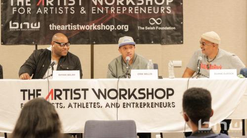 Panelists Shyan Selah, Erik Willis, and Duane DaRock Ramos speak at The Artist Workshop: The Creative Process