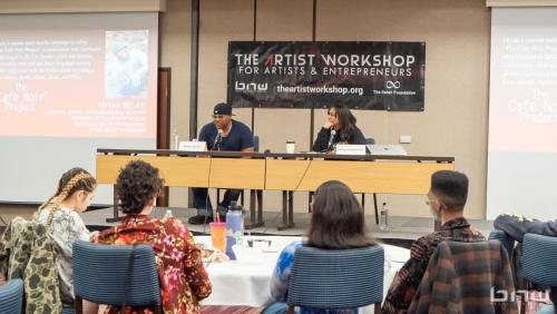 Panelist Shyan Selah speaks alongside Candice Richardson to the workshop members at The Artist Workshop: The Long Money Game (Publishing and Licensing) 