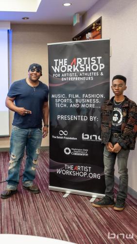 Founder Shyan Selah poses with a workshop member at The Artist Workshop: The Long Money Game (Publishing and Licensing) 