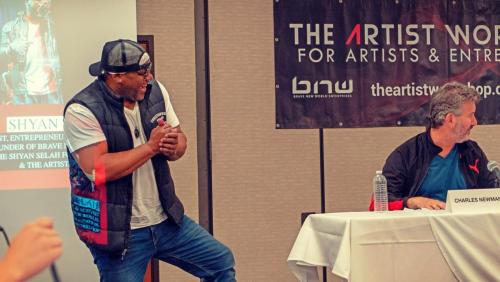 Founder Shyan Selah and panelist Charles Newman at The Artist Workshop: The Long Money Game.