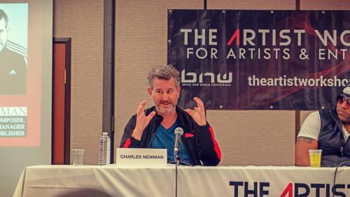 Panelist Charles Newman speaks alongside Shyan Selah at The Artist Workshop: The Long Money Game.