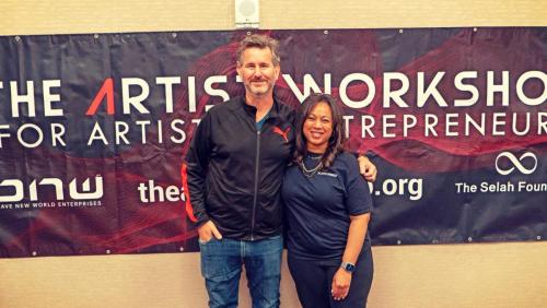 Panelist Charles Newman and Event Producer Candice Richardson pose together at The Artist Workshop: The Long Money Game.