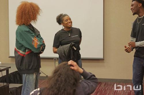 An attendee speaks with panelist and actor A'Noelle Jackson and staffer Muranga Maina at  The Artist Workshop: The Actor