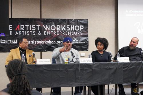 Shyan Selah speaks alongside panelists Curtis Elerson, A'Noelle Jackson, and Jon Stockton at The Artist Workshop: Making the Deal.