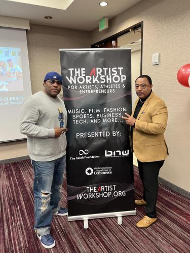 Founder Shyan Selah poses with Panelist Curtis Elerson of One Shot Films at The Artist Workshop: Making the Deal.