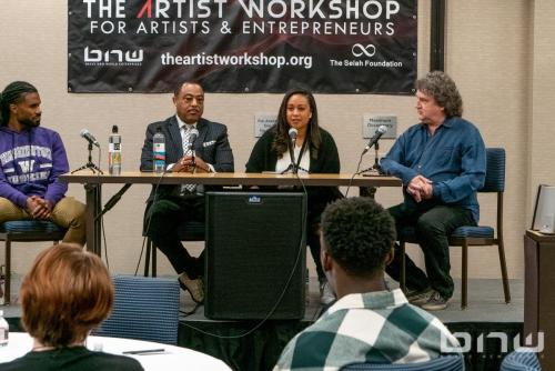 Filmmaker Curtis Elerson, Brave New World Vice President Candice Richardson, and Indiepower CEO Jay Warsinske at The Artist Workshop: Music and Entertainment 101